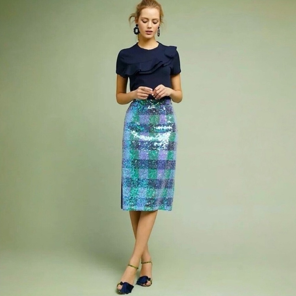 Maeve Anthropologie Brix Sequin Plaid Palette Midi Skirt Size 12